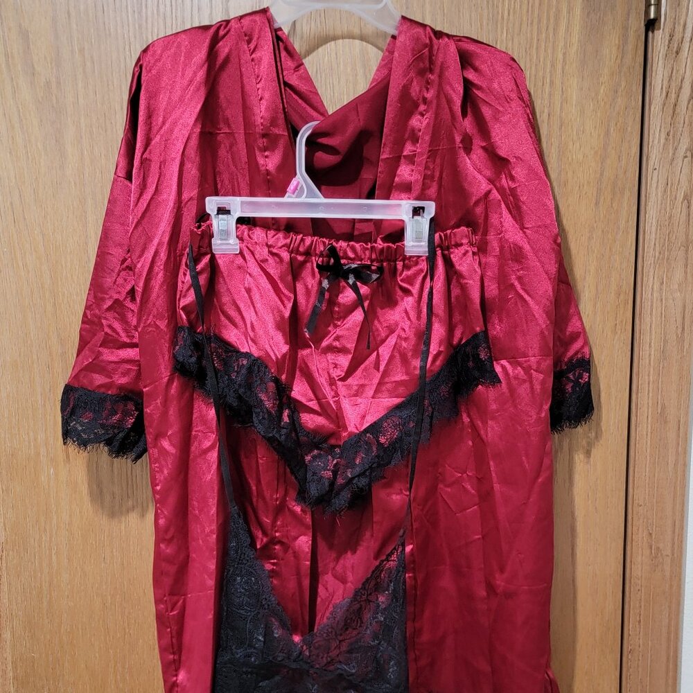 Satin robe, shorts, lace bralette top set
